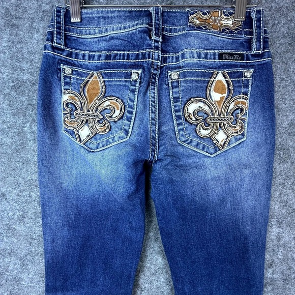 Miss Me Jeans 25 Blue Y2K Fleur De Lis Cowgirl Cowhair Mid Rise Slim Boot - Picture 9 of 9